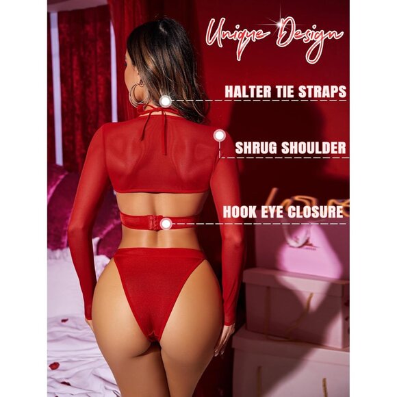 Women Red 1 Festival Sexy Lingerie Bodysuit Buckle Shrug Crop Top Set Outfits - Picture 2 of 6
